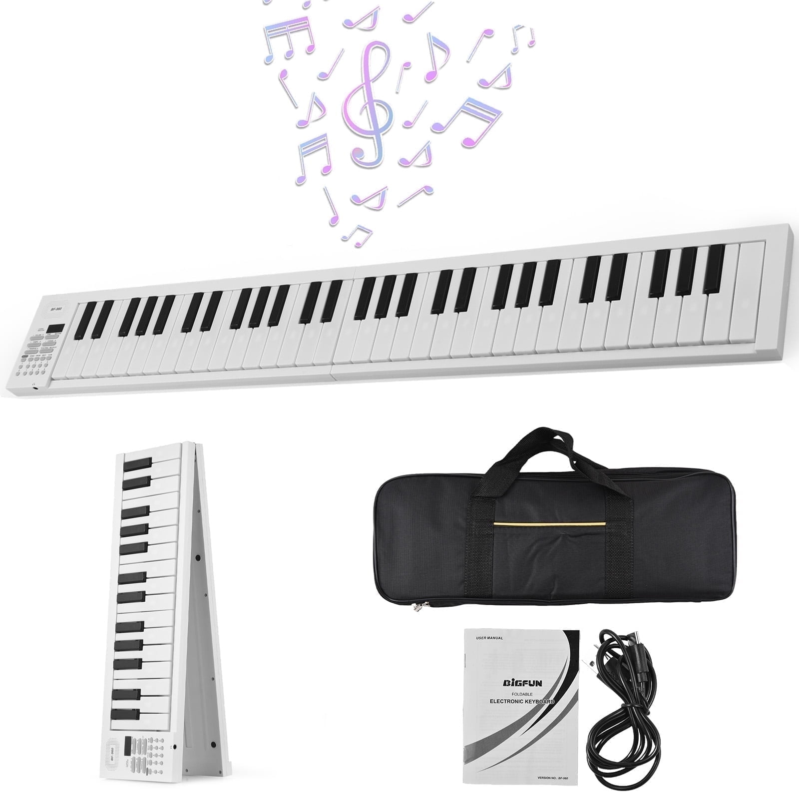 OUTGOO 61 Keys Folding Piano Keyboard, Portable Electric Keyboard Piano with Teaching Mode, Recording, Playback, Carrying Bag and Power Supply, Digital Music Keyboard for Kids Adult Beginners
