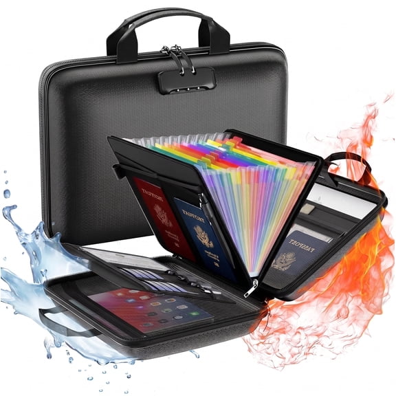 OUTGOO Fireproof File Organizer with Lock, Hard-Shell Case Fireproof Document Box with 13 Pocket Accordion File Folder, Portable Home Office Travel Safe Storage for Important Documents Laptop Black