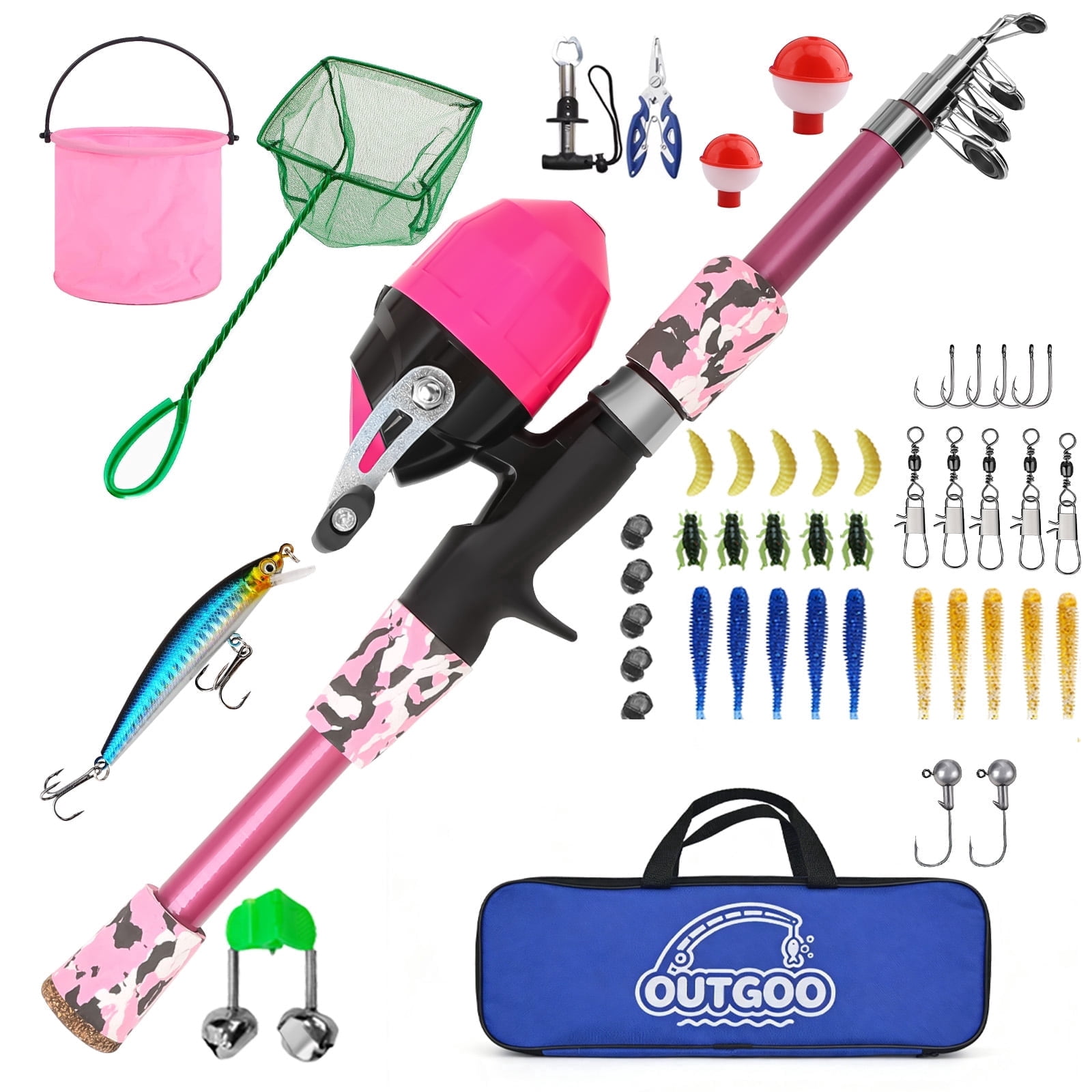 OUTGOO Kids Fishing Pole, Kids Fishing Rod Portable Telescopic Fishing Rod and Reel Combo Kit with Spincast Fishing Reel, Fishing Tackles, Fishing Lures, Fishing Lines for Boys, Girls, Youth