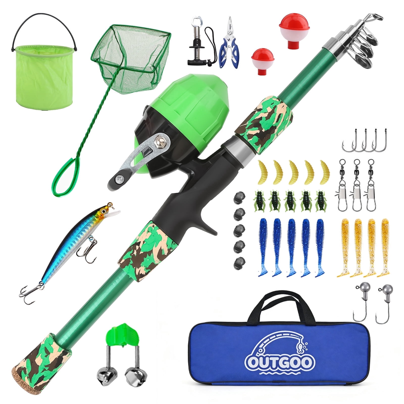 OUTGOO Kids Fishing Pole, Kids Fishing Rod Portable Telescopic Fishing Rod and Reel Combo Kit with Spincast Fishing Reel, Fishing Tackles, Fishing Lures, Fishing Lines for Boys, Girls, Youth