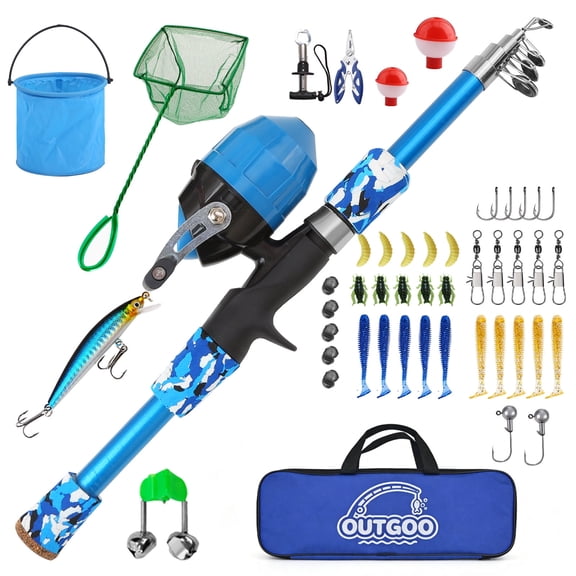 OUTGOO Kids Fishing Pole, Kids Fishing Rod Portable Telescopic Fishing Rod and Reel Combo Kit with Spincast Fishing Reel, Fishing Tackles, Fishing Lures, Fishing Lines for Boys, Girls, Youth
