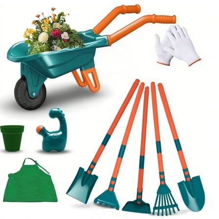 OUTGOO Kids Gardening Tools Set, 10pcs Kids Gardening Tools with Wheelbarrow, Shovel, Rake, Leaf Rake, Outdoor Toddler Toys Yard Digging Weed Pretend Toys for Boys Girls Age 3+