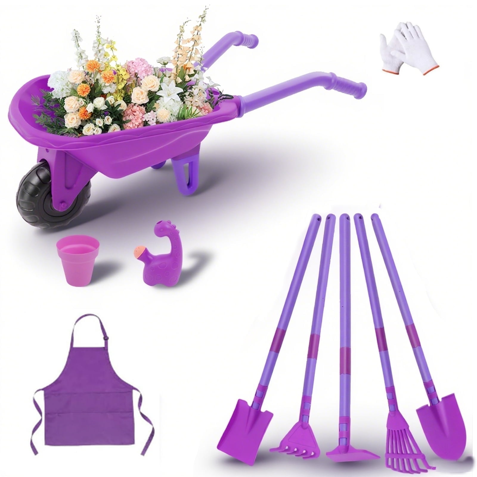 OUTGOO Kids Gardening Tools Set, 10pcs Kids Gardening Tools with Wheelbarrow, Shovel, Rake, Leaf Rake, Outdoor Toddler Toys Yard Digging Weed Pretend Toys for Boys Girls Age 3+