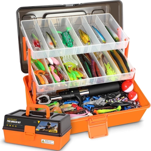 OUTGOO Large 3-Layer Fishing Tackle Box with Tackle Included, 415Pcs Fishing Lures Kit with Pliers, Crankbait, Hooks, Weights & Accessories, Freshwater Bass Fishing Gear and Equipment, Gift for Men