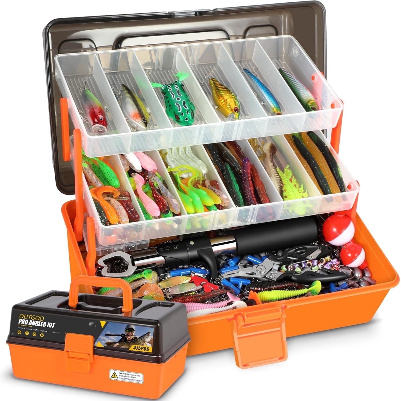OUTGOO Large 3-Layer Fishing Tackle Box with Tackle Included, 415Pcs Fishing Lures Kit with Pliers, Crankbait, Hooks, Weights & Accessories, Freshwater Bass Fishing Gear and Equipment, Gift for Men