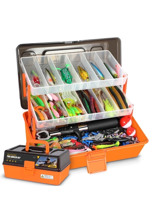 OUTGOO Large 3-Layer Fishing Tackle Box with Tackle Included, 415Pcs Fishing Lures Kit with Pliers, Crankbait, Hooks, Weights & Accessories, Freshwater Bass Fishing Gear and Equipment, Gift for Men