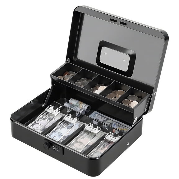 OUTGOO Large Cash Box with Combination Lock, Money Box with Money Tray, Lock Safe Box Money Saving Organizer, 11.8" x 9.4" x 3.5", 4 Bill 5 Coin Slots