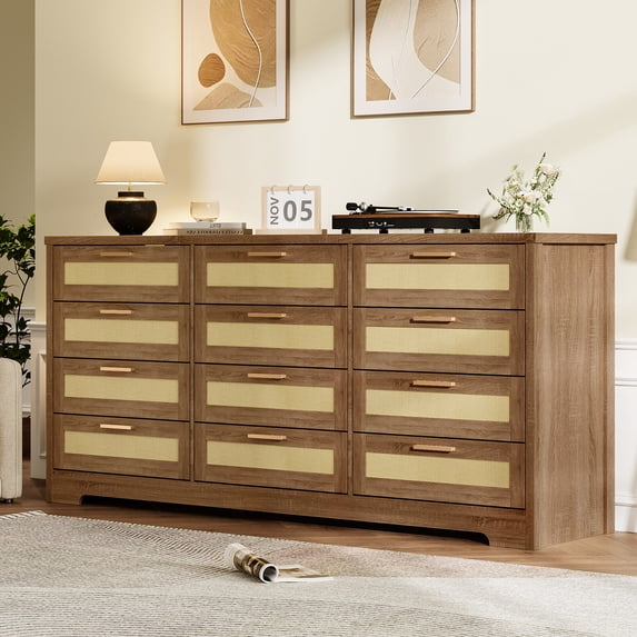 OUTGOODS 12 Drawer Dresser, Modern Farmhouse Rattan & Wood Chest, 63" Long, Anti-Tip