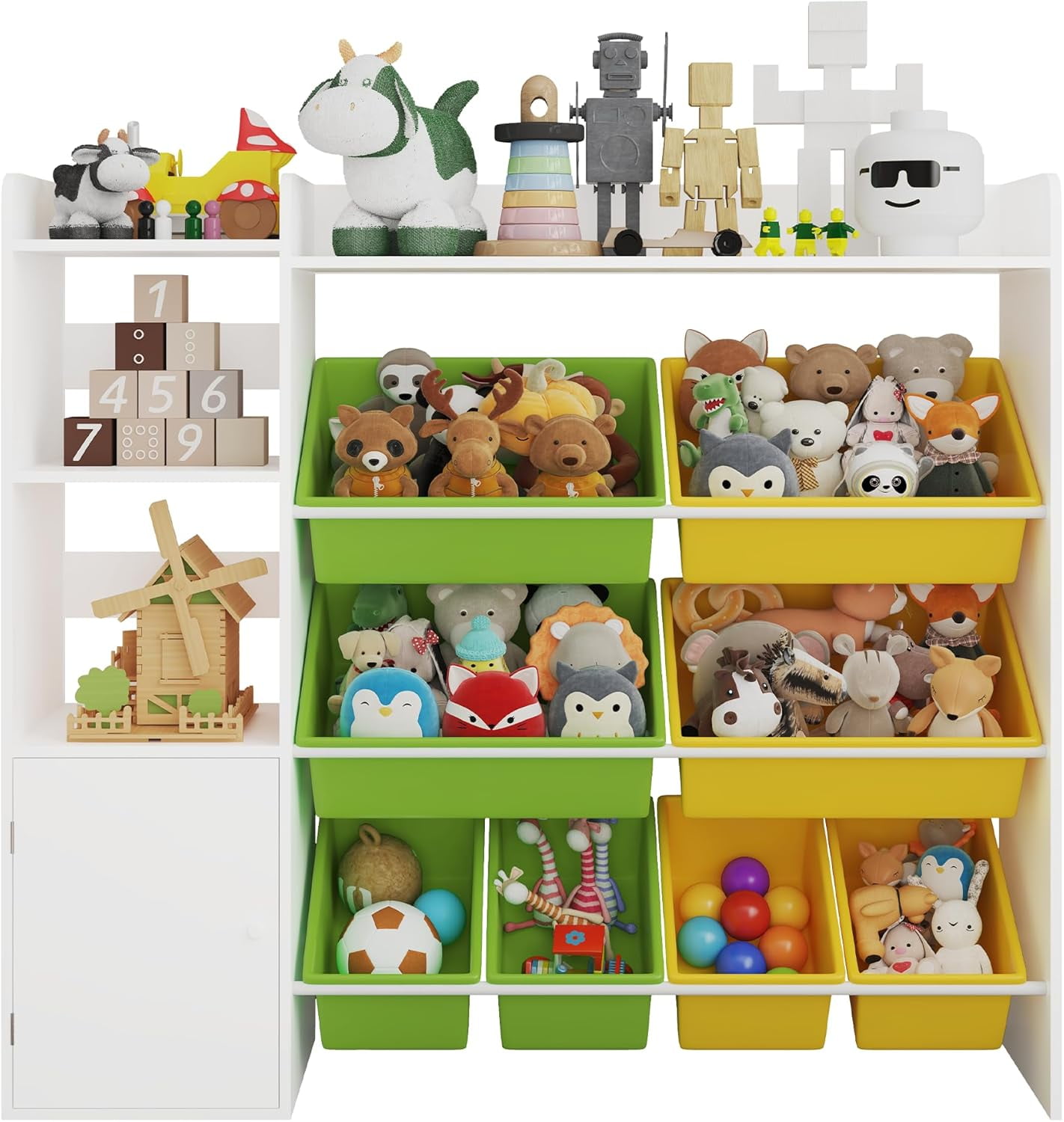 OUTGOODS 43.5" Kids Toy Storage Organizer w/8 Removable Bins & Bookshelf, Engineered Wood