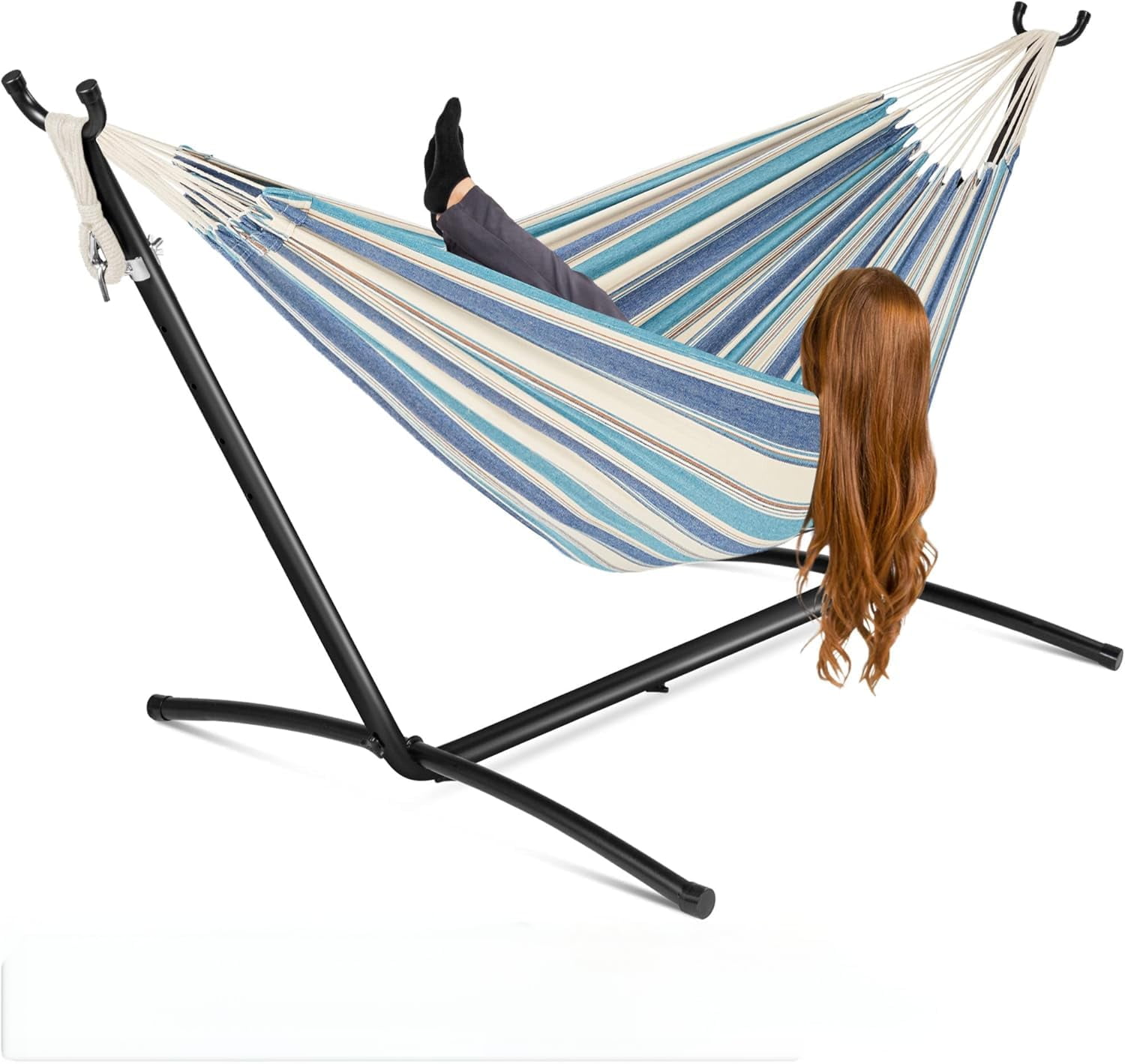 OUTGOODS  450lb Large Capacity Double Hammock with Steel Stand - 2 Person Hammock Bed Indoor Outdoor, Brazilian-Style, with Carry Bag, Portable & Easy Assembly, Onyx