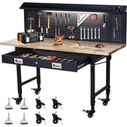 OUTGOODS 60 Heavy Duty Adjustable Workbench, Rubber Wood Top w/ Power, Pegboard & Wheels