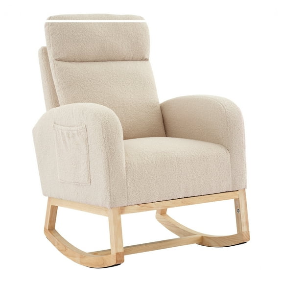 OUTGOODS Classic Wingback Rocking Chair w/Wood Frame, Fleece/Linen/PU Upholstery, 4 Colors