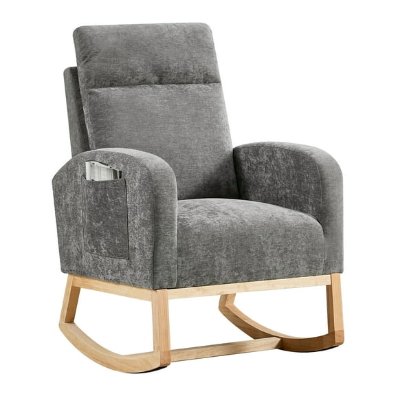 OUTGOODS Classic Wingback Rocking Chair w/Wood Frame, Fleece/Linen/PU Upholstery, 4 Colors