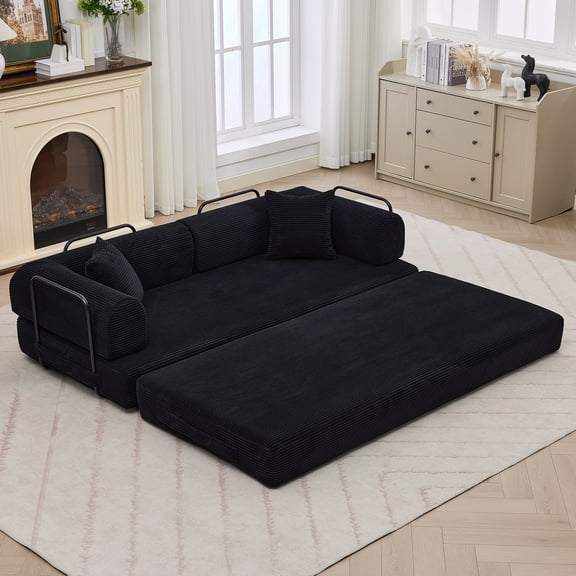 OUTGOODS Convertible Sleeper Sofa Bed - Corduroy Upholstery, Space-Saving Foldable Design, Adjustable Armrests, Spring-Sponge Core-BLACK
