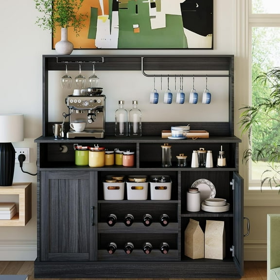 OUTGOODS Farmhouse Coffee Bar Cabinet 47", MDF w/Power Outlets, Wine Rack, Black/Dark Gray