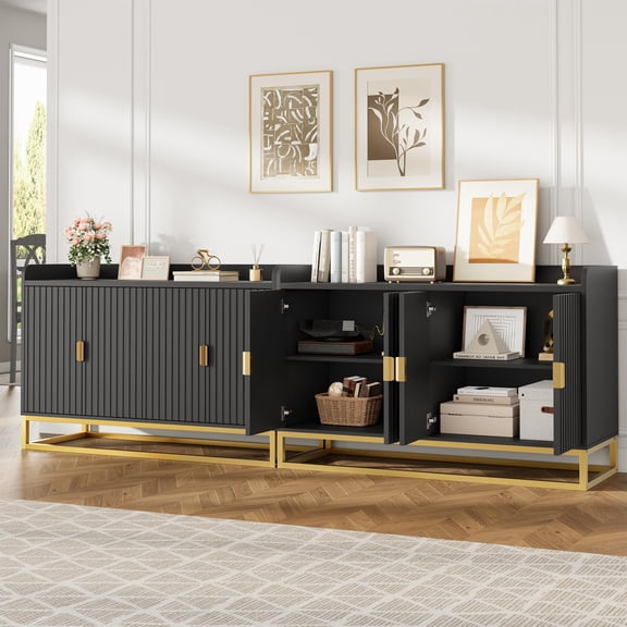 OUTGOODS Modern Fluted Sideboard Buffet Cabinet – 47.2" Storage Credenza with Adjustable Shelves, 4 Doors, Durable Media Console for Dining Room, Kitchen, Living Room, Entryway – Black