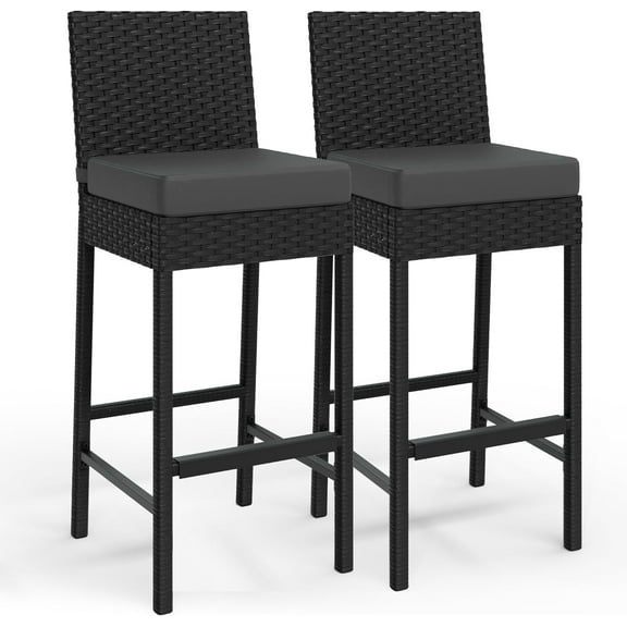 OUTGOODS Outdoor Bar Stools Set, PE Rattan w/ Cushions, Weatherproof Armless Bar Chairs