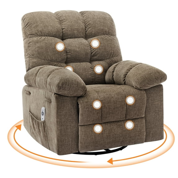 OUTGOODS Oversized Swivel Rocking Recliner, Massage & Heat, USB Charging, Linen Fabric