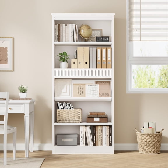 OUTGOODS Rustic 71" Tall 5-Tier Bookcase - Fluted Display Rack, Adjustable Shelves, Wooden Base, Vintage Bookshelf for Living Room, Office, Library - White, Single Wave