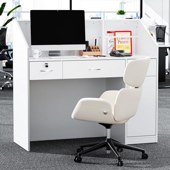 OUTGUAVA Modern Front Desk & Reception Desk with DIY Stripe, 50-inch Retail Counter with Power Socket, Lockable Storage Drawer for Lobby, Offices, Salon, Checkout - White