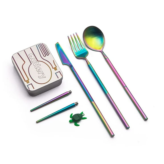 OUTLERY Full Cutlery Set Portable & Reusable Pocket Sized with Case (Rainbow)