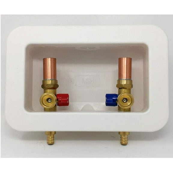 OUTLET BOX and VALVES WITH WATER HAMMER ARRESTOR 1/2" F1807 PEX x 3/4" MHT Hose Male Connector Washing Machines Assembly Kit Long Shank Lead Free Easy Shutoff Hookup with Copper Risers