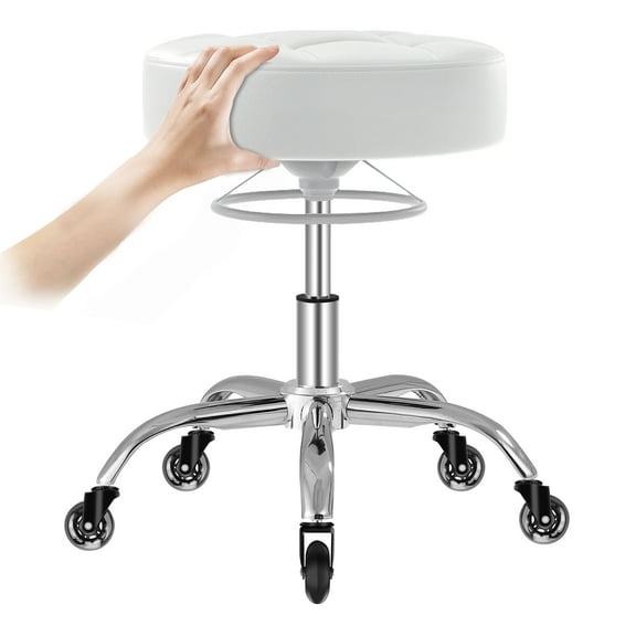 OUTMASTER Adjustable Rolling Stool with Casters, Swivel PU Leather Counter Height Roller Stool, Chrome Base, White