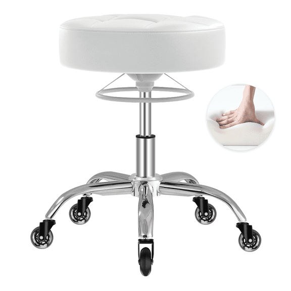 OUTMASTER Adjustable Rolling Stool with Casters, Swivel PU Leather Counter Height Roller Stool, Chrome Base, White