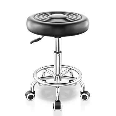 OUTMASTER Rolling Stool with Footrest PU Leather Height Adjustable for Salon Shop (Black)