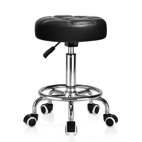 OUTMASTER Rolling Stool with Wheels, Height Adjustable PU Leather Stool Chair for Salons and Barbers, Black