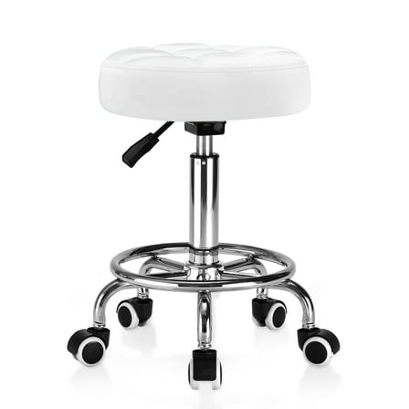 OUTMASTER Rolling Stool with Wheels, Height Adjustable Swivel Chair, PU Leather, White