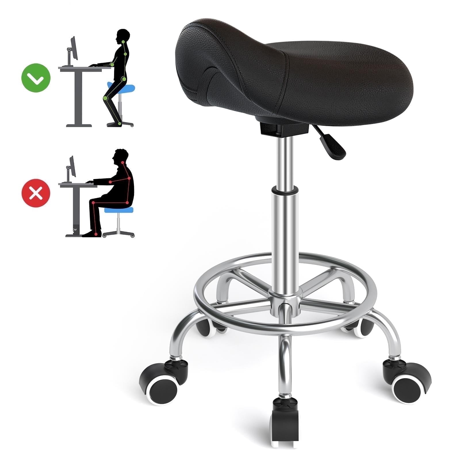 Free Shipping! OUTMASTER Ergonomic Saddle Stool Black Wide Thick PU Leather Cushion Adjustable Height Swivel with Ring Footrest