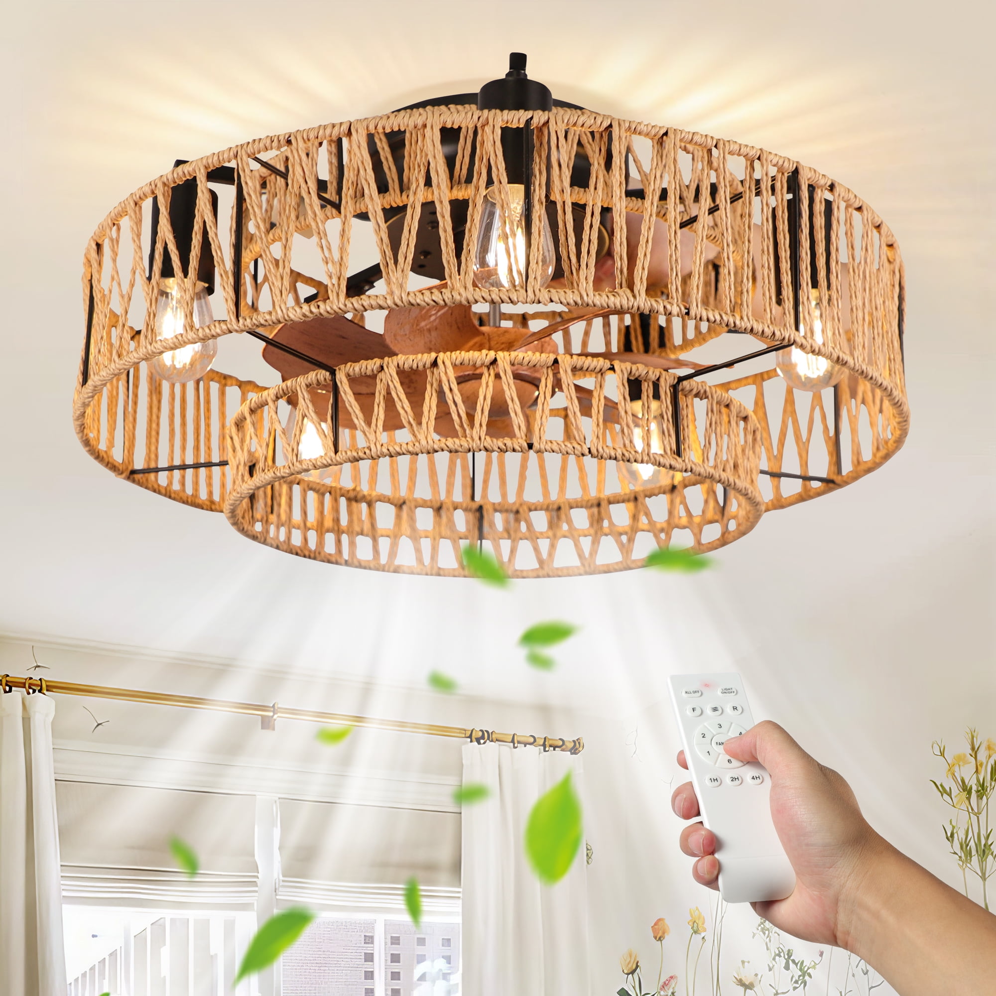 "OUTON 19.6"" Industrial Ceiling Fan with Light, 3 Color Temp, 6 Speeds, Remote Control, Reverse