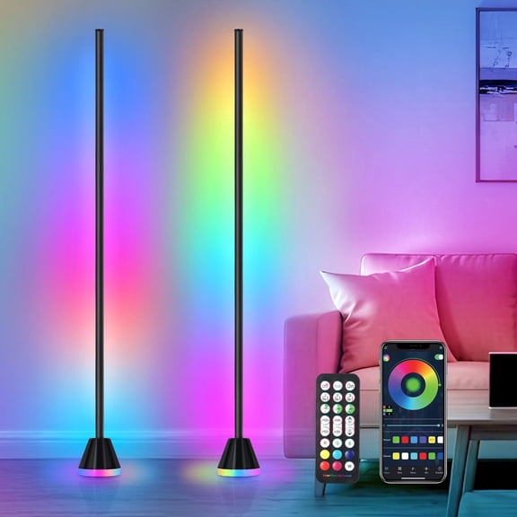 OUTON 2 PCS RGB Corner Floor Lamp, 57" Floor Light with Music Sync & 16 Million Colors, Floor Lamps for Bedroom Living Room Black