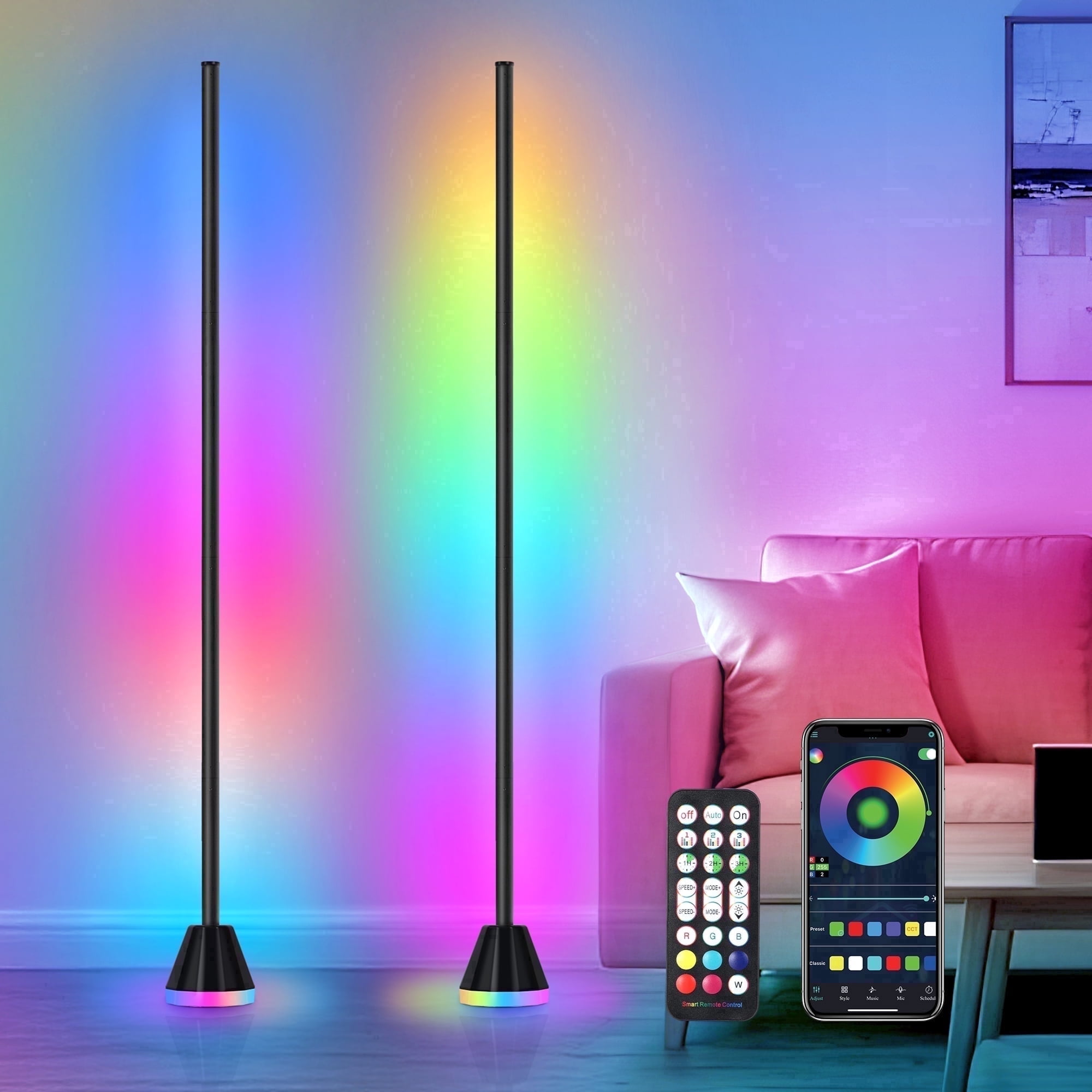 OUTON  2 Pack Smart RGB LED Corner Floor Lamp, Modern Standing Lamps with APP & Remote Control, 16 Million Colors 2000LM Bright Ambient Lighting, Music Sync for Living Room Bedroom