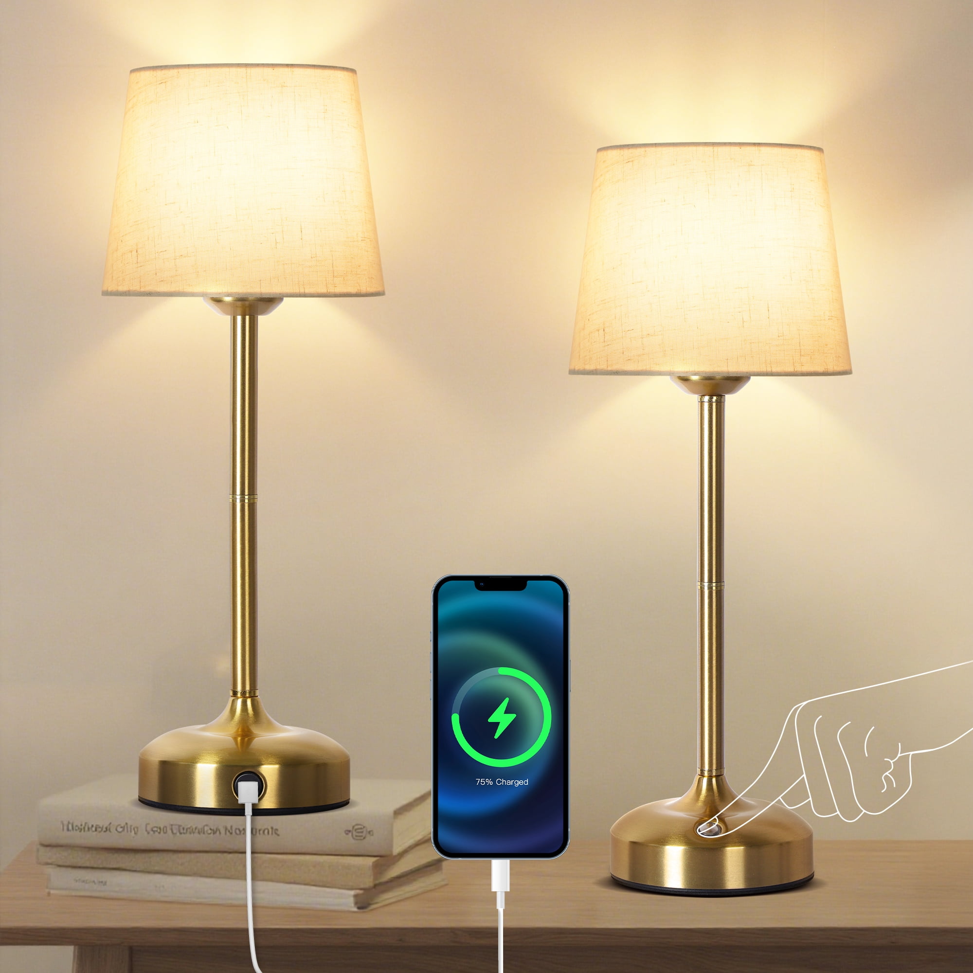 OUTON Touch Control Table Lamp Set of 2 for Living Room, 3-Way Dimmable Nightstand Bedside Lamp with Linen Fabric Shade for Bedroom Office, Gold