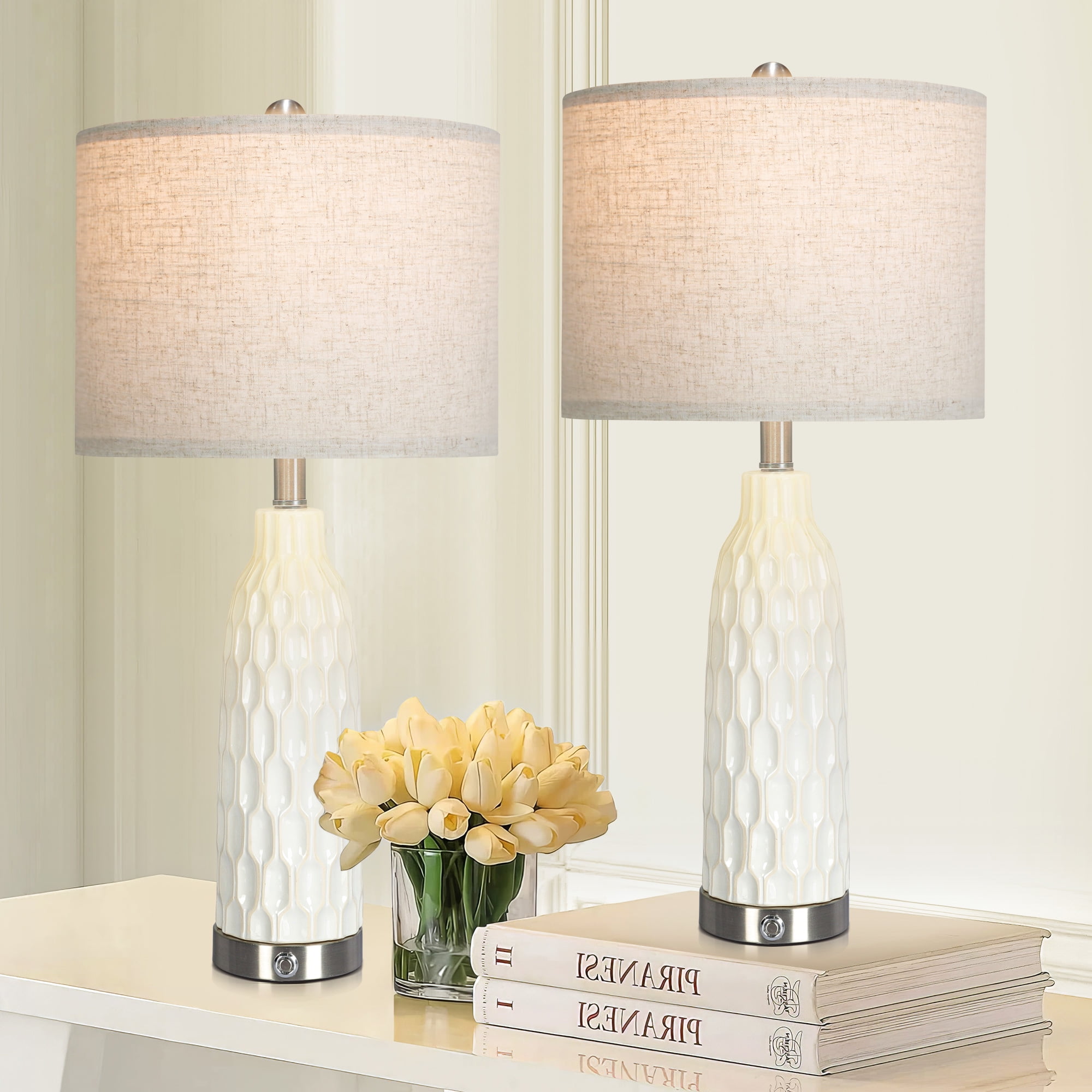 OUTON 26" Ceramic Table Lamp Set of 2 for Living Room Modern White Desk