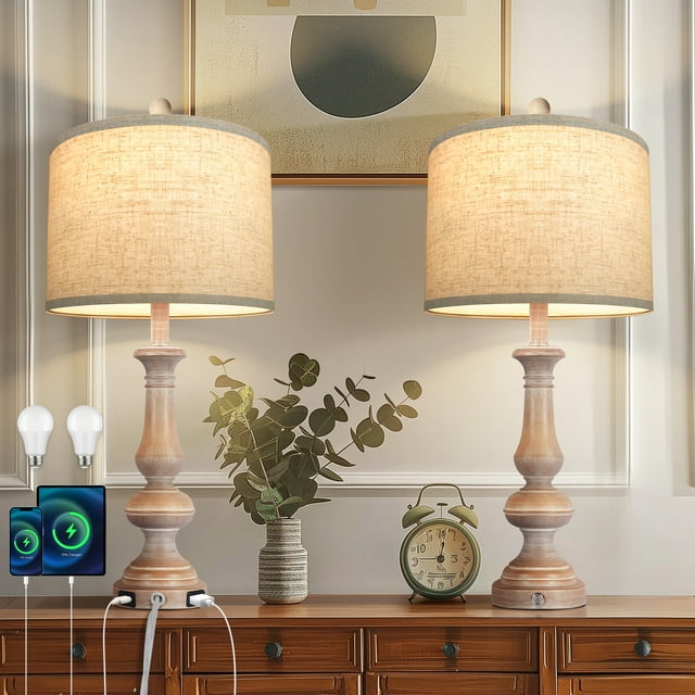 OUTON 27" Tall Table Lamp for Living Room Set of 2, Rustic 3-Way ...