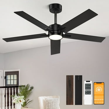 OUTON 52" Ceiling Fan with Lights and Remote Control, Indoor Outdoor Ceiling Fans for Bedroom, Living Room,Modern Fanlight with 5 Dual Blades,3 Color Temperature Reverse Airflow, Black and Walnut