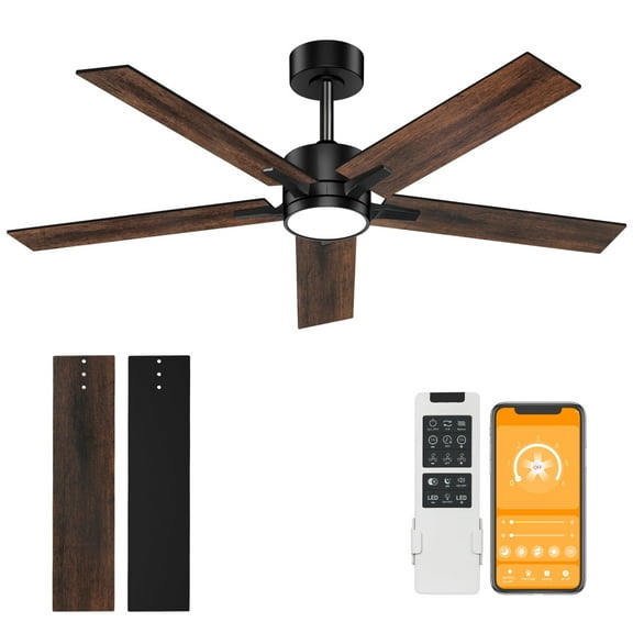 OUTON 52" Modern Ceiling Fan with Lights & Remote Control - Noiseless Indoor/Outdoor Fan for Bedroom & Living Roomwith 5 Dual Blades 3 Color Temperatures & Reversible Airflow - Black & Walnut