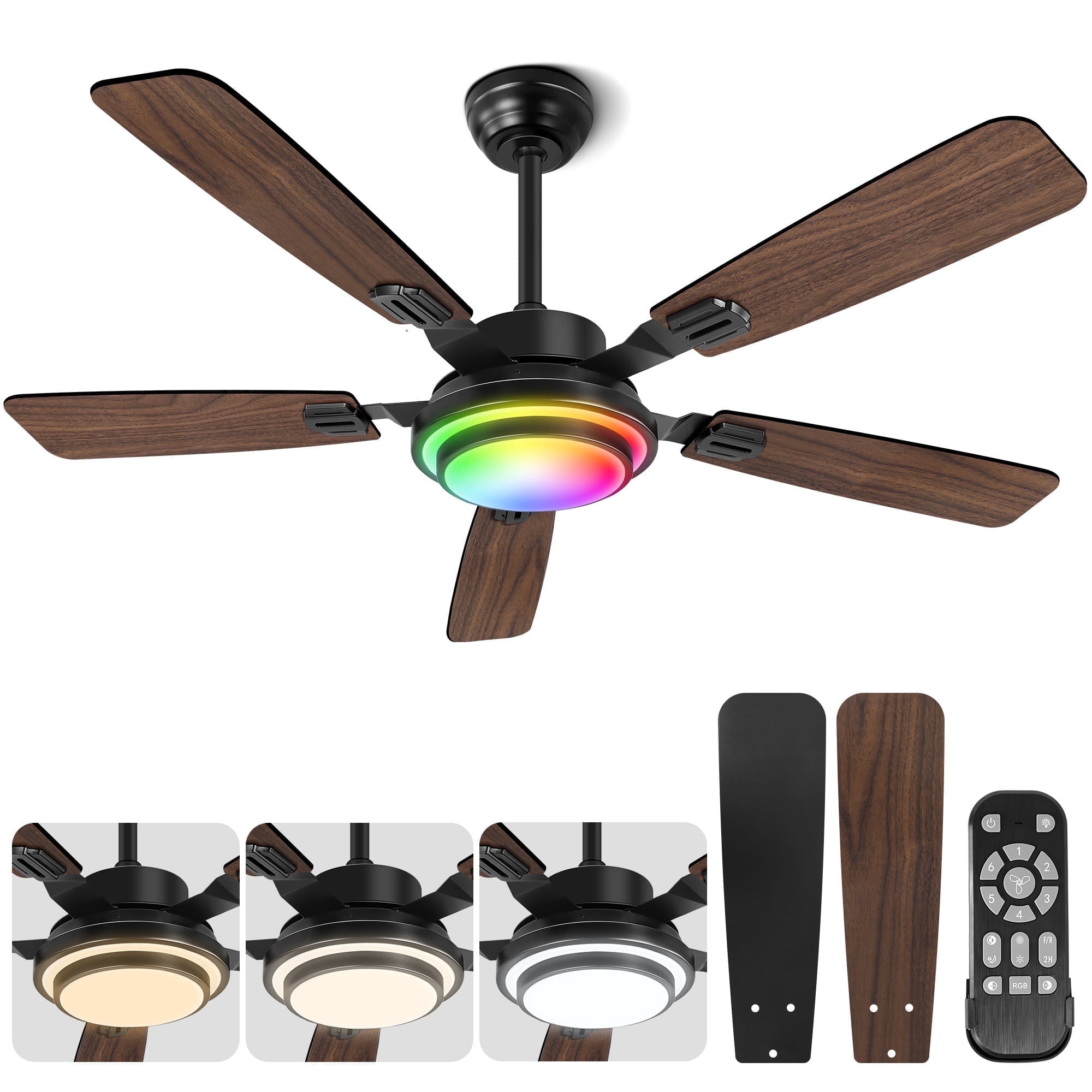 Dextrus 52" Modern Ceiling Fan With LED Light & Dimmable Remote, Reversible DC Motor, Walnut - View #6