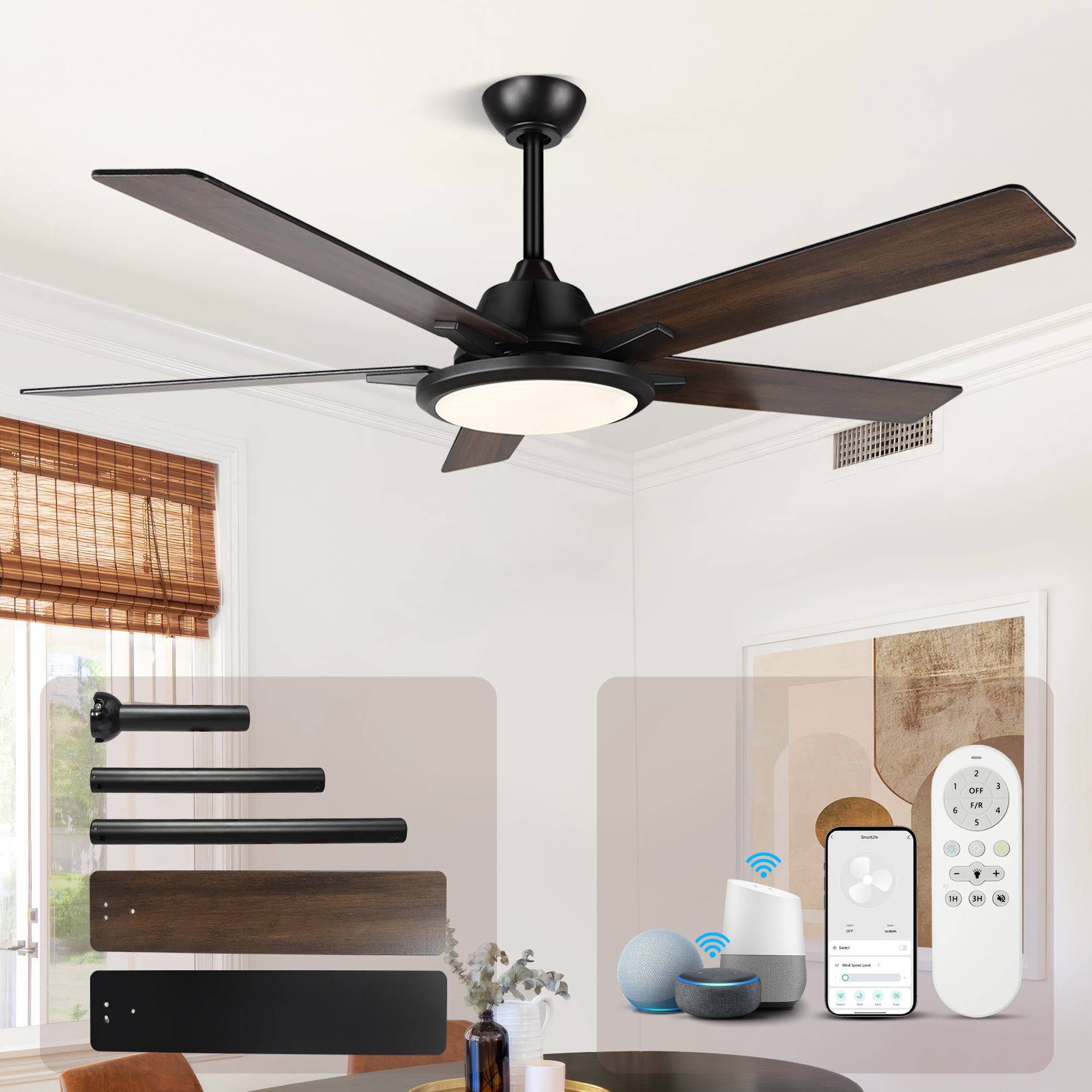 "OUTON 52"" Smart Ceiling Fan with Lights, Remote & APP Control, 3 Colors, Indoor/Outdoor, Black