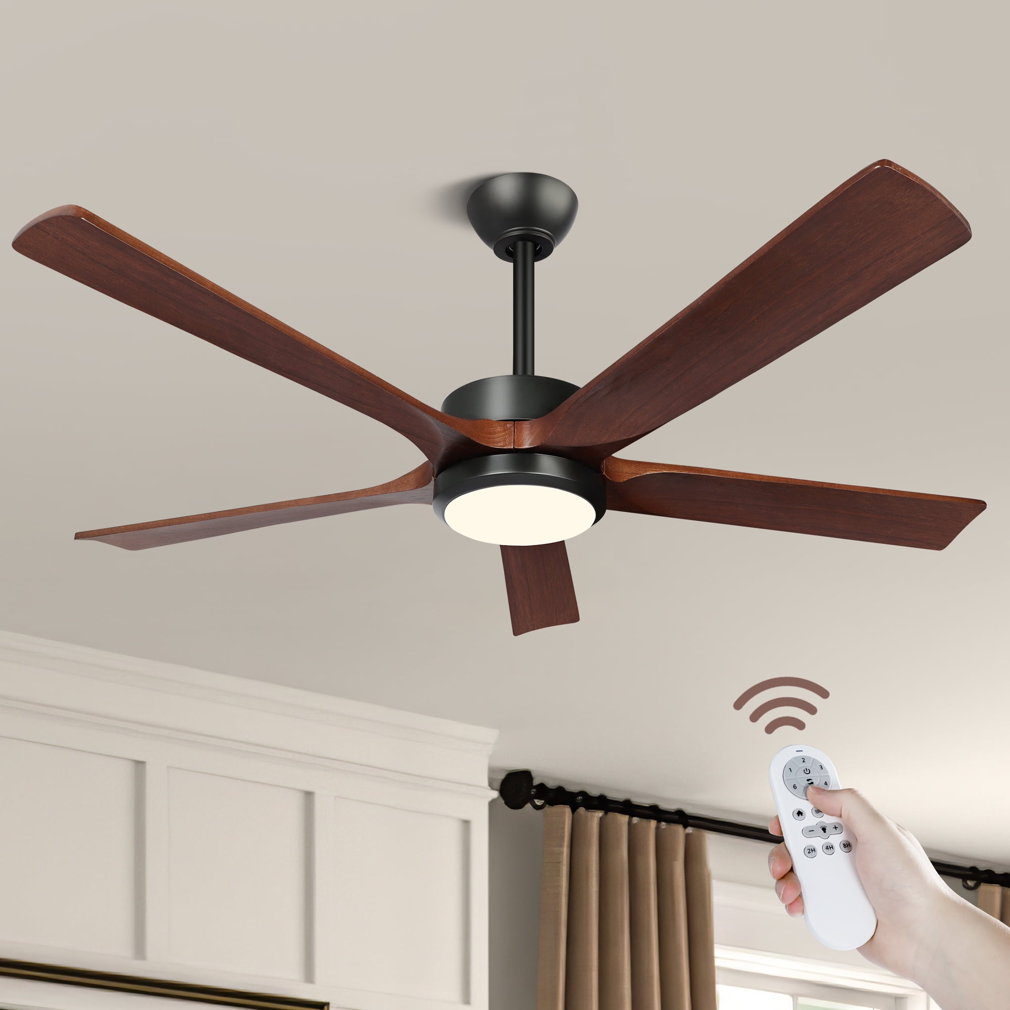 OUTON 52" Solid Wood Ceiling Fans with Light Remote Control, 6 Speed Quiet DC Motor 5 Blade