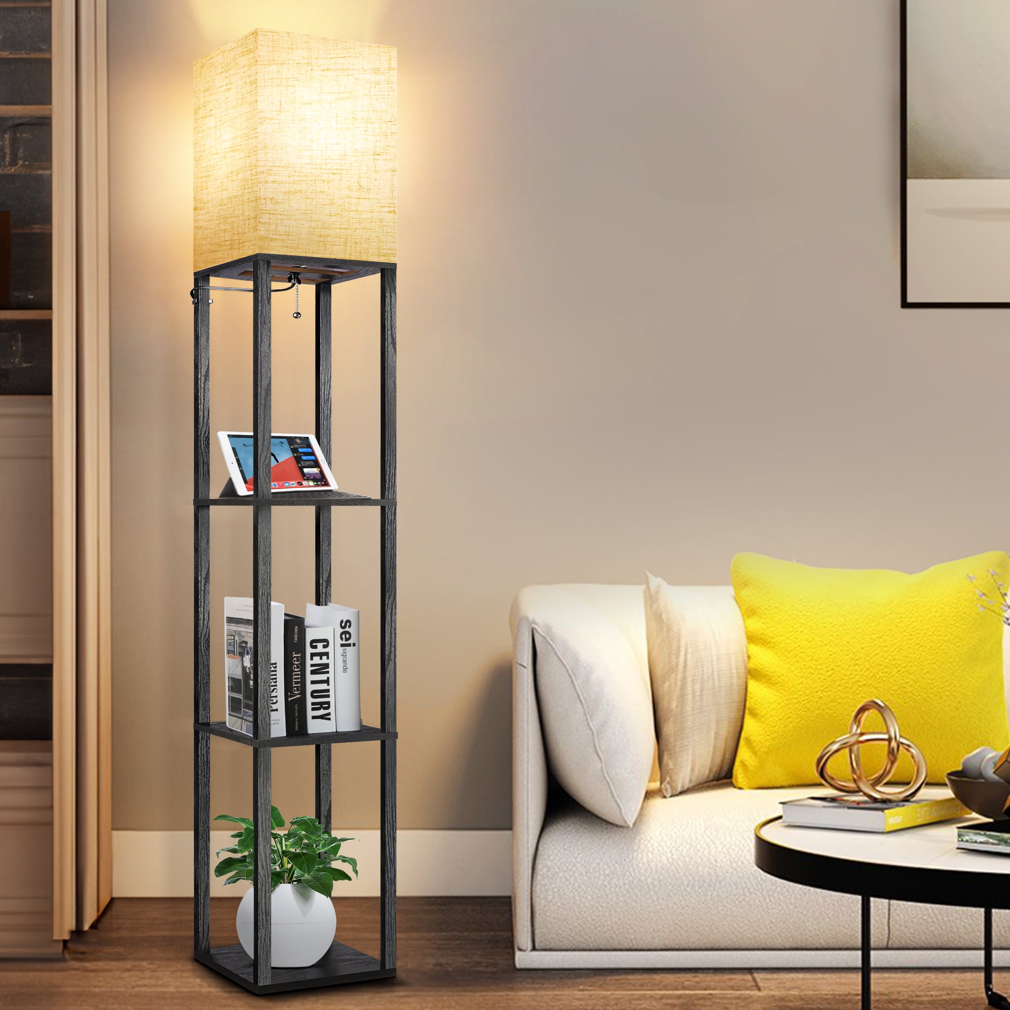 OUTON 63" Floor Lamp with Shelves, Modern Dimmable Standing Lamps with Remote Control for Living Room, Bedroom, Black