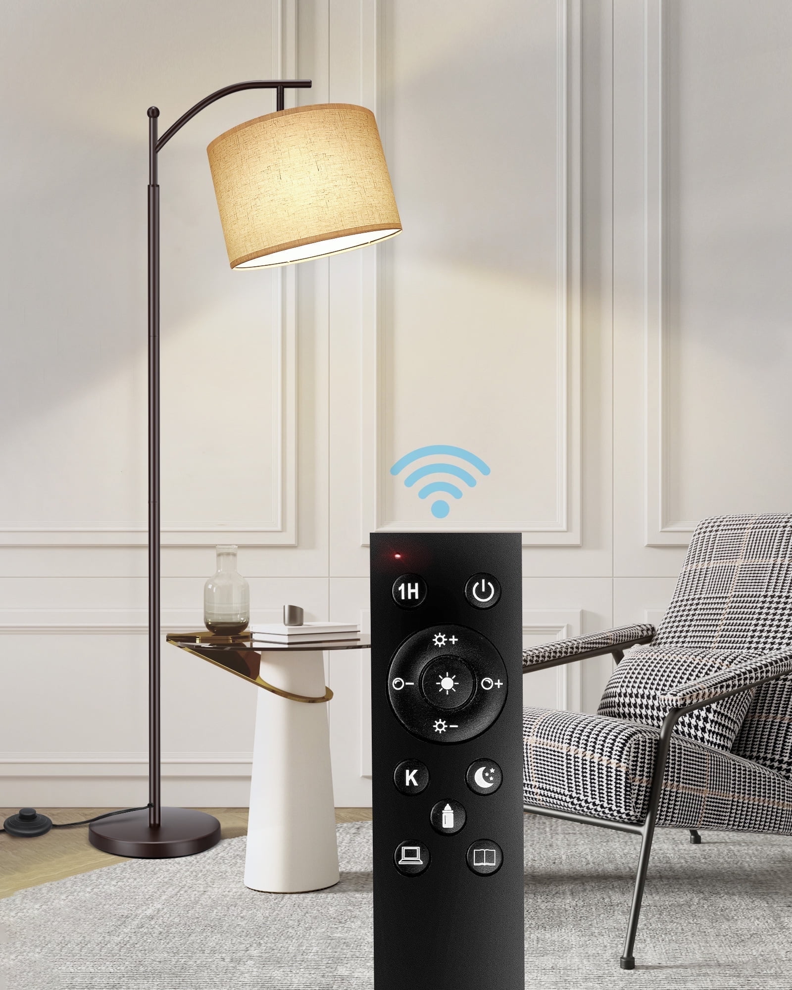 OUTON 63" Modern Dimmable Arc Floor Lamp with Remote for Living Room, Tall Standing Lamp with Hanging Linen Shade, Metal Floor Lamp with 3 Color Temperatures LED Bulb for Bedroom Ofiice(Brown)