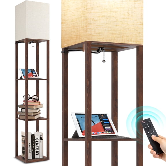 OUTON OUTON Floor Lamp with Shelves, 3 Color Temperature with Linenshade, Dimmable with Remote & Pull Chain Switch Control for Living Room, Bedroom-Brown