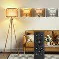 thumbnail image 1 of OUTON 63"  Wood Tripod Floor Lamp for Living Room,  Modern Standing Lamps with Remote Control,  3 Color Temperature Dimmable Pole Light with Linen Shade for Bedroom, Office, 1 of 5