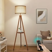 OUTON 63 Wood Tripod Floor Lamp with Shelves, Dimmable Standing Lamps with Remote Control, Modern Shelf Floor Lamp for Living Room, Bedroom, Office, LED Bulbs Included