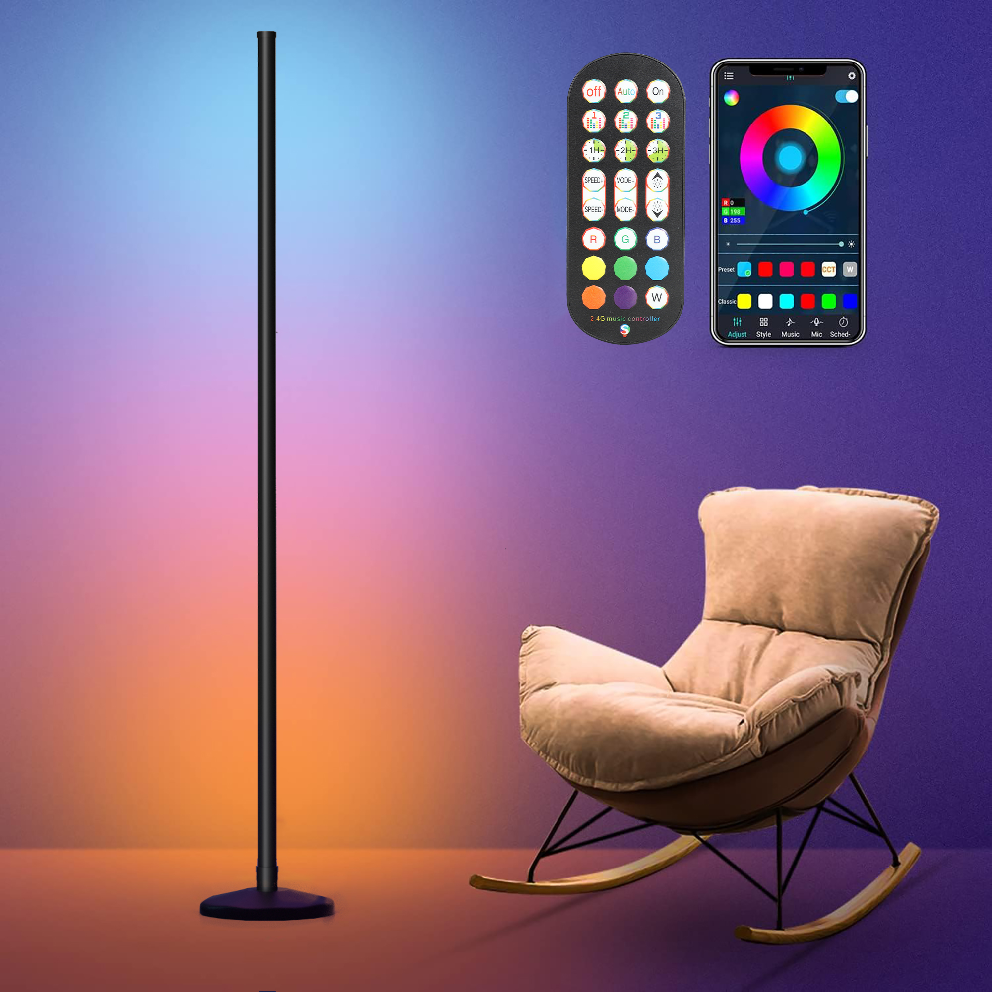 OUTON 65" RGB LED Floor Lamp, APP and Remote Control Corner Lamp, Color