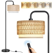 OUTON 68 Dimmable Arc Rattan Floor Lamp, Black Standing Lamp with Rattan & Fabric Double Drum Shade, Boho Farmhouse Tall Lamp for Living Room, Lamps for Bedroom